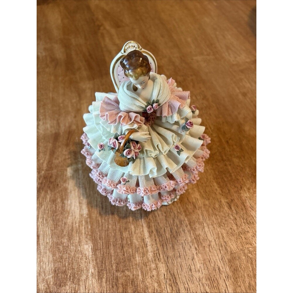 Antique Dresden Style Porcelain Lace Figurine, Lady With Flower, Germany Rare